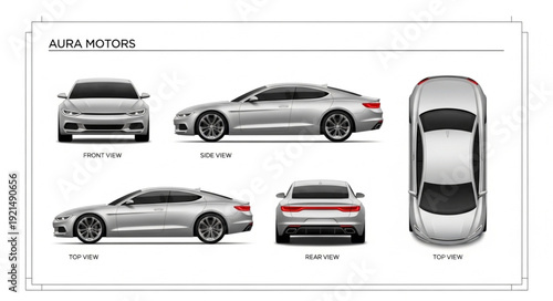 Silver Car Technical Drawing Views.