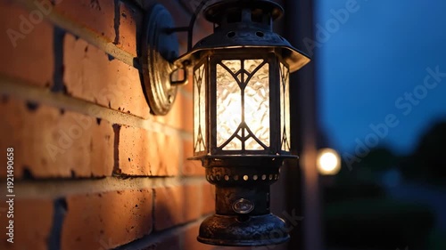 Vintage Outdoor Wall Lantern Illuminating a Brick Wall at Dusk.
