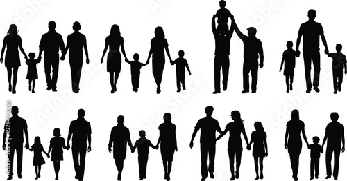 Family silhouettes walking together holding hands parents children isolated on white background lifestyle bonding concept illustration for social, parenting, and community themes