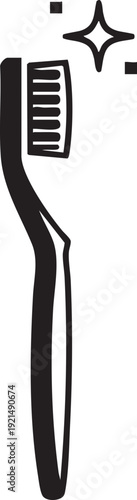 A clean toothbrush with sparkles, standing upright on a white background, viewed from the side, in a simple graphic illustration style.