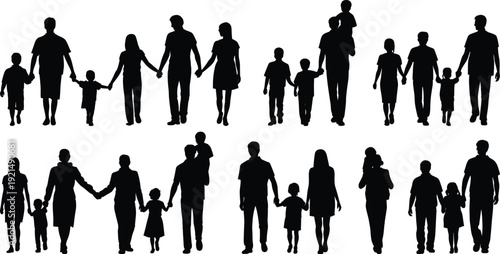 Family silhouettes collection showing parents and children holding hands walking together black vector illustration set isolated on white background for lifestyle design use