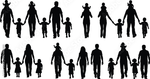 Family silhouettes walking together parents holding hands with children isolated on white background parenting lifestyle bonding love care concept illustration community values