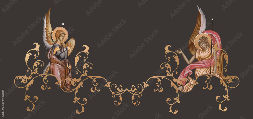Naklejka premium Byzantine border in warm colors with angel motif