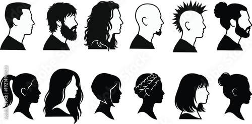Male and female head profile silhouettes with diverse hairstyles beards and identities forming modern avatar and character design set isolated on white background