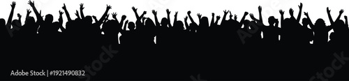 Large crowd silhouettes with raised hands cheering together isolated on white background concert festival celebration community energy excitement concept illustration