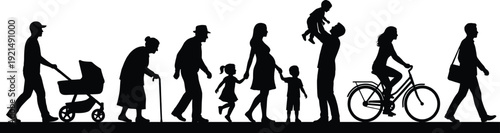 People life stages silhouettes walking together showing family parents children elderly cycling stroller isolated on white background lifestyle community aging concept illustration