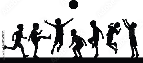 Playful children silhouettes jumping and playing ball outdoors representing childhood joy, active lifestyle, teamwork, freedom, imagination, energy, happiness, summer, fun, growth, friendship