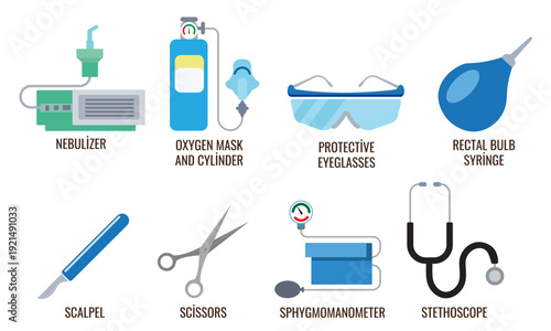 Medical Equipment Icons Set, Healthcare Devices and Hospital Tools Vector Illustration