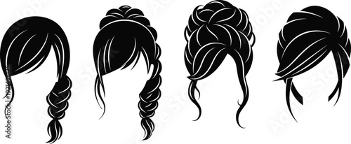 Professional women's hairstyle silhouettes set, elegant bridal updo, braided ponytail, fashion hair salon styling collection, cad drawing flat vector illustration,
