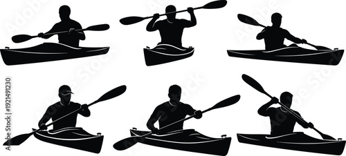 Professional kayak athlete silhouettes set, man paddling in boat, water sports recreation, rowing competition icons, cad drawing flat vector illustration,