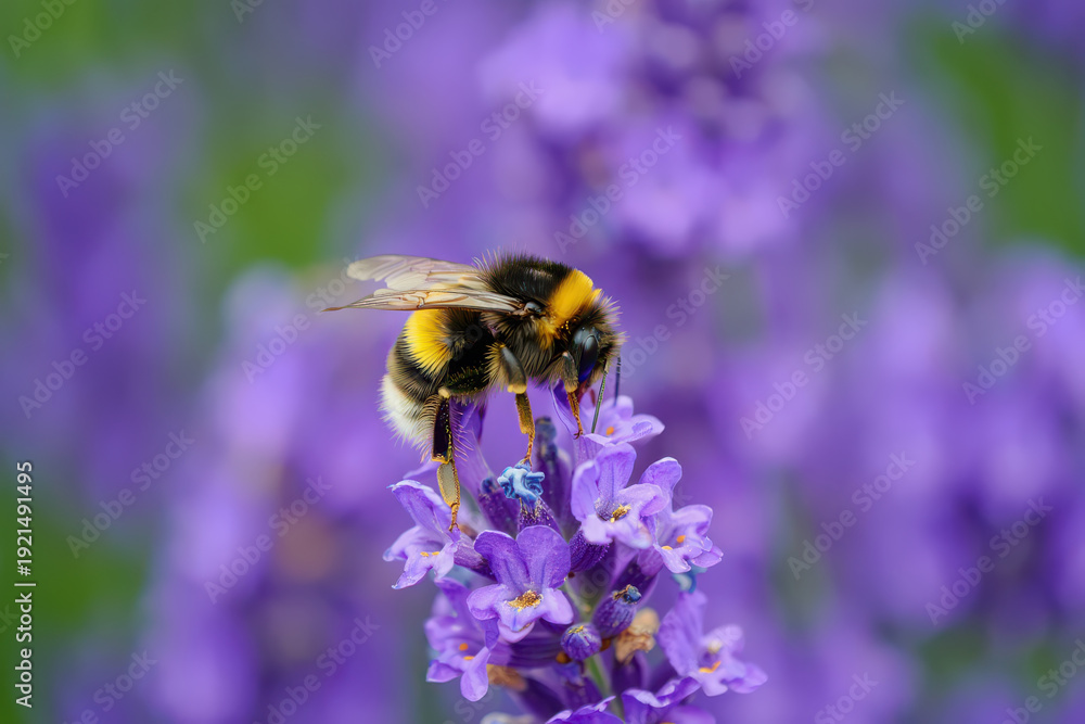 Fototapeta premium A fuzzy bumblebee perches on a vibrant purple lavender sprig. Close-up bee against a dreamy, blurred lavandula background, highlighting a peaceful moment of pollination in a summer garden