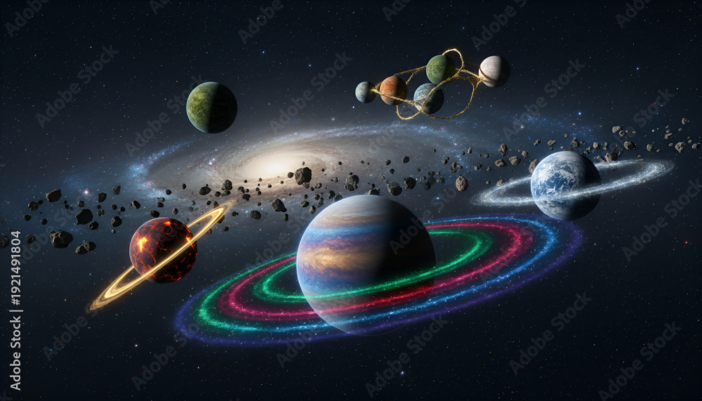 Naklejka premium Creative solar system illustration with colorful ringed planets, asteroid belt and spiral galaxy backdrop, vibrant deep space scene for science fiction and astronomy themes.