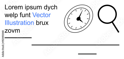 Time management, search, analysis, productivity, information, efficiency. A magnifying glass, stopwatch and text elements on a white background. Time management and search