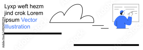 Data management, presentations, online learning, teamwork, cloud storage, brainstorming. Person pointing at a board alongside a cloud design and text elements. Data management and cloud storage