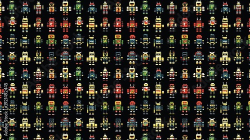 Seamless looping video of green and red pixel robots on dark backdrop.