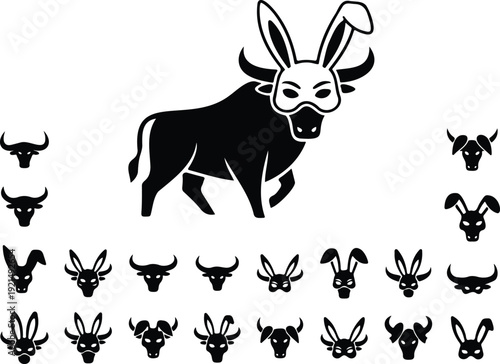 A black silhouette of a bull wearing a rabbit mask surrounded by various horned animal head icons on transparent background high-quality professional detailed modern elegant
