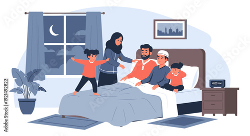 Family playing together in bedroom at night.