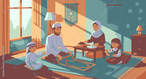 A Muslim family breaking their fast together.