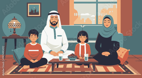 A Muslim family sitting together on the floor in a living room.