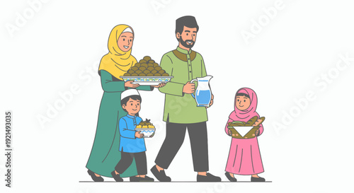 A Muslim family preparing for iftar during Ramadan with traditional food and drinks.