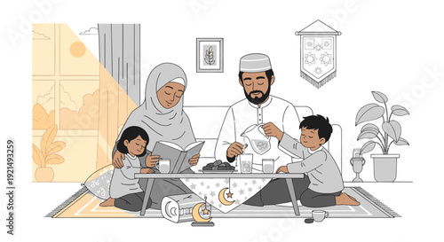 A Muslim family breaking their fast during Ramadan.
