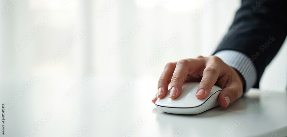 Fototapeta premium Hand in suit jacket uses computer mouse for work. Person clicks on desktop or laptop screen, navigates internet or digital interface. Modern office tech for job tasks.