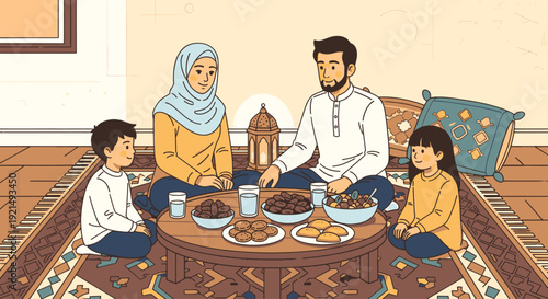 A Muslim family breaking their fast together.