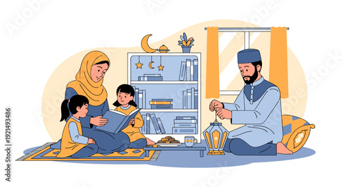 A Muslim family reading and praying together at home during Ramadan.