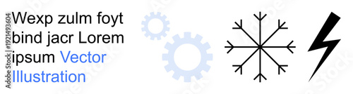 Engineering, weather, electricity, technology, abstract art, vector design concept. Gear, snowflake and lightning bolt with text. Engineering and weather symbol illustration