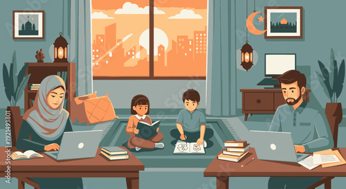 Family using laptops and studying together.