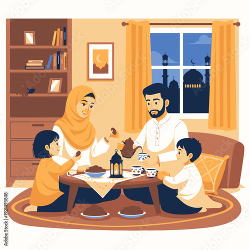 Muslim family breaking fast together at home.