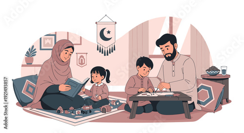 A Muslim family reading together at home.