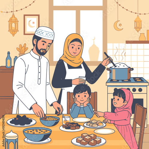 A Muslim family breaking their fast together.