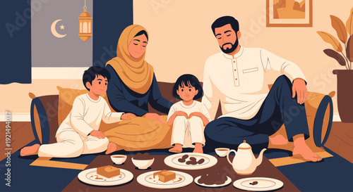 A Muslim family breaking fast together.