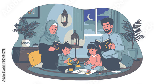 A Muslim family reading together at home.