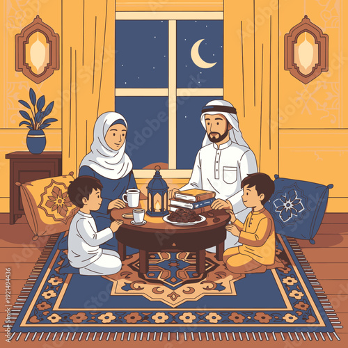 A Muslim family breaking their fast during Ramadan.