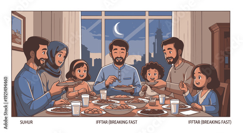 Muslim family breaking fast together.