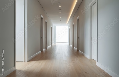 Long white corridor with many doors and wooden floor. Bright light shines from large window at end of hallway. Modern interior space creates sense of calm, order and cleanliness.