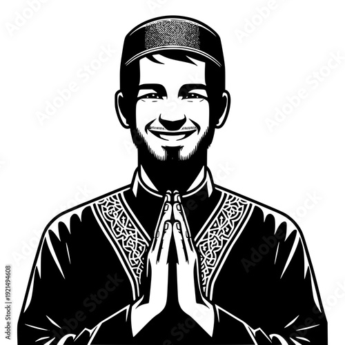Smiling Devotee in Prayer: A devout individual, radiating serenity and composure, offers a reverent greeting with hands clasped in prayer. A symbol of faith, spiritual tranquility and devoutness.