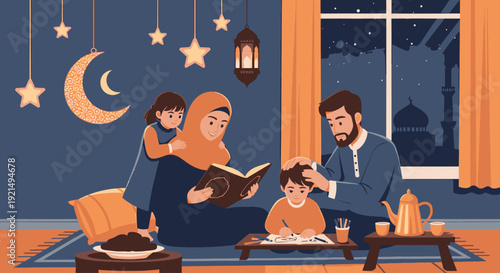 Muslim family reading together on Ramadan night.