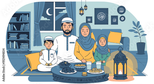 A Muslim family breaking fast together during Ramadan.