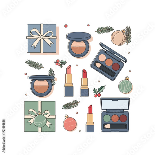 A collection of holiday-themed makeup products and Christmas decorations, including gift boxes, lipsticks, eyeshadows, and ornaments in a flat lay illustration.