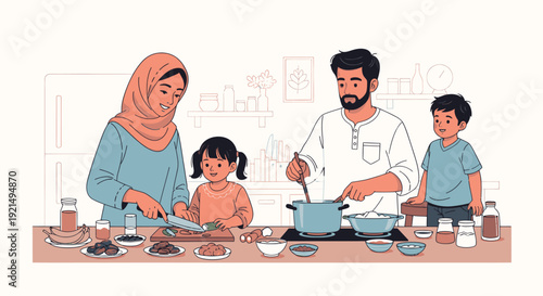 A family of four cooking together indoors.