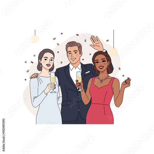 A diverse group of three elegantly dressed friends celebrating with champagne and confetti at a festive party.