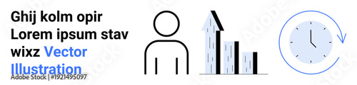 Business, productivity, time management, goal setting, analytics, progress. Person icon, growth chart clock symbol. Business and productivity concepts visually