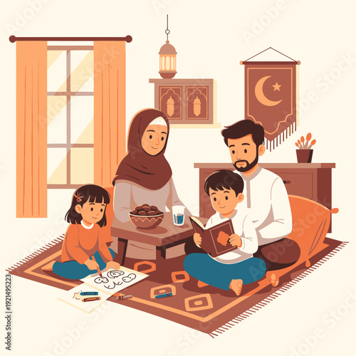 Muslim family celebrating Ramadan at home.
