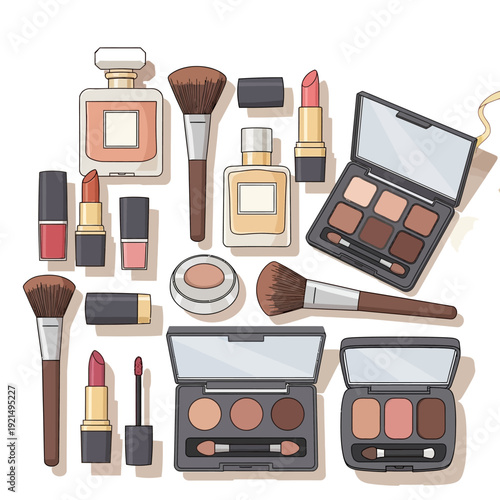 A collection of various cosmetic products and makeup tools, including eyeshadow palettes, lipsticks, brushes, and perfume bottles, arranged on a white surface.