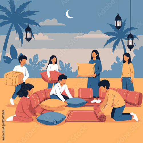 People setting up outdoor furniture at night.