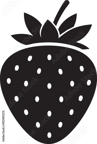 A simple black and white illustration of a ripe strawberry with seeds and leaves from a front viewpoint