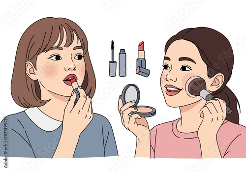 Two young women applying makeup, one with lipstick and the other with face powder, surrounded by various cosmetic products.